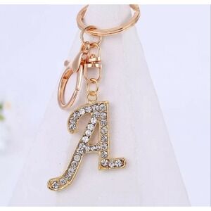 Letter A Gold Keychain Rhinestone Charm Keyring Accessories Car Bag Ring Holder
